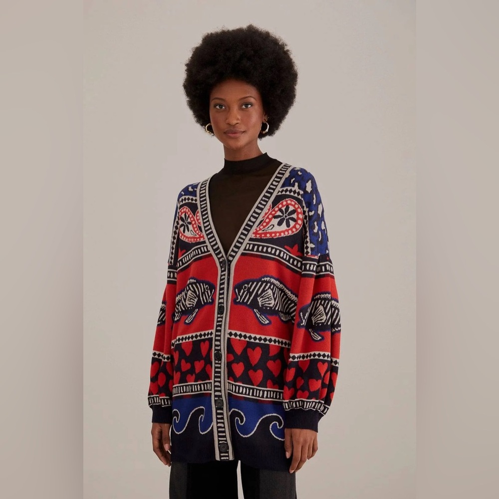 XS Farm Rio Anthropologie navy mixed prints knit cardigan sweater Fish Hearts